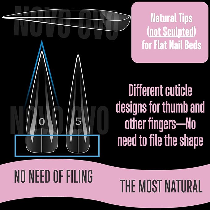 NOVO OVO Halloween XXL Straight Sharp Stiletto Natural Nail Tips Press on (not Sculpted), Normal Thick Extra Long Soak Off Soft Gel Fake Nail Extension, Full Cover False Nails for 12 Sizes 240 pcs