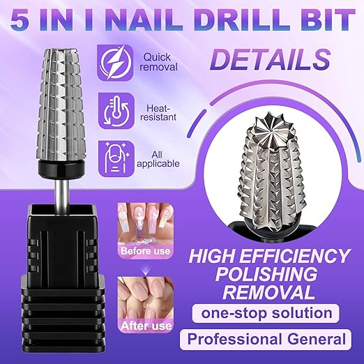 FANTEXY 3/32" Carbide Nail Drill Bits - 5 in 1 Cuticle Drill Bits for Nails, Gel Remover Drills Bit, Nails File Bits for Old Skin and Nails, Manicure Pedicure Gel Polishing (Extra Coarse - XC)