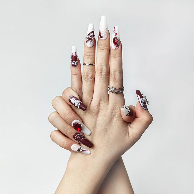 2025 Burgundy Medium Press on Nail Hand-painted Irregular Frosted Design w/Rhinestones Flower Butterfly Handmade Reusable PMMA Acrylic Matte Full Coverage Nail (Hand-painted Pattern, Medium)