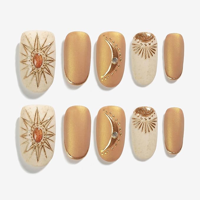 Sun&Beam Nails Handmade Press-on Medium Long Oval Round Beige Brown Gold Bohemia Design False Nail Tips 10 Pcs (#135 XS)
