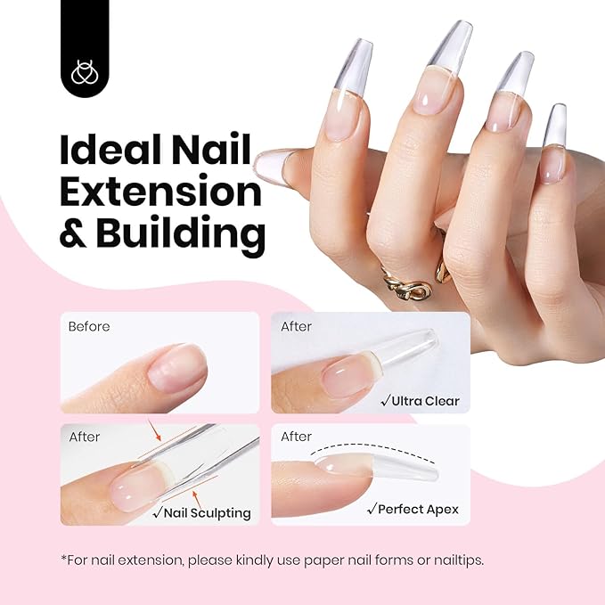 Beetles HEMA-Free Hard Gel Set-Dewy Breeze 0.5 oz Mini Size 9 in 1 Nail Extension Sculpting Apex Building for First-Time Users Professionals,Clear Builder Nails Gel, UV & LED Lamp Needed