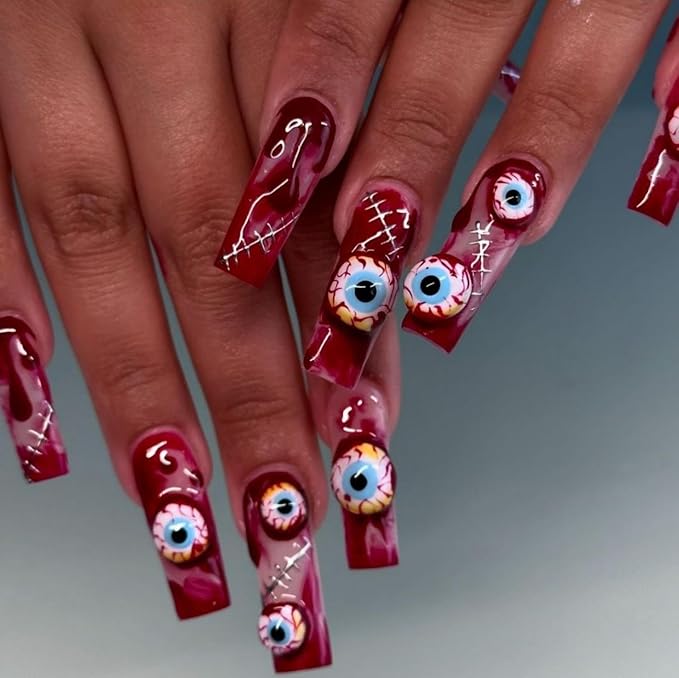 24pcs Halloween Red Eyes Long Square Press On Nails for Terrifying Costumes, Reusable Nail Kit with Adhesive Tabs, 12 Sizes (Red Eye)
