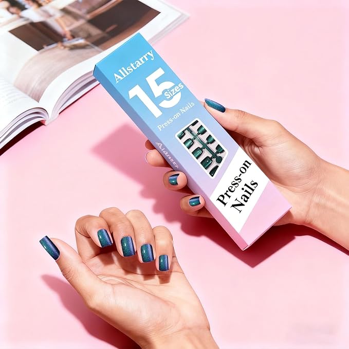 Allstarry Cat Eye Press on Nails, 15 Full Sizes Range Cat Eye Nails Press Ons 4 Changing Colors Cateye Presson Nail for Women 120pcs Chameleon Glossy Short Square Fake Nail Tips Stick DIY Salon