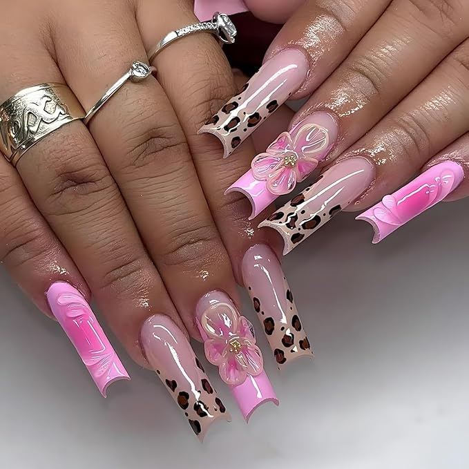 Long Press on Nails Square Fake Nails French False Nails Pink Artificial Nails with Flowers and Leopard Designs Cute Stick on Nails for Women 24pcs