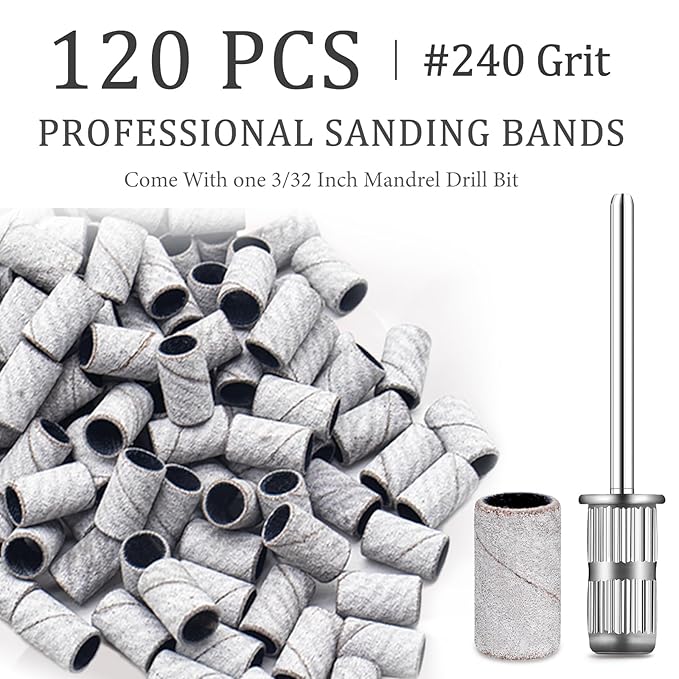 120Pcs Nail Drill Bits Sanding Bands with Nail Drill Bits, Professional Sand Band 180#/240 Fine Grit Nail File Sanding Bands for Acrylic Nails Manicures and Pedicure (Grey, 240 Grit)