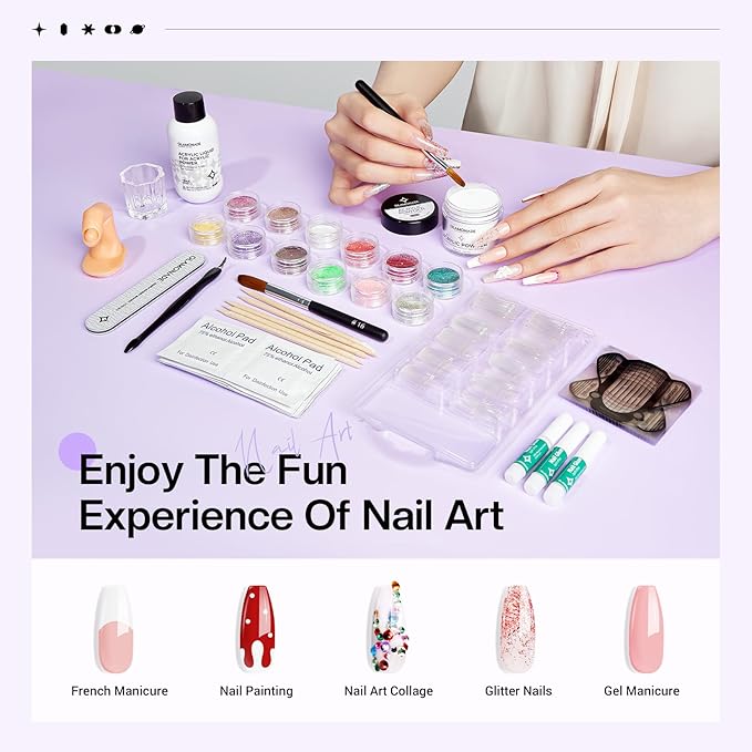 Acrylic Nail Kit for Beginners: 30g Clear Acrylic Powder Set with Glitter Powder Brush Nail Forms Manicure Tools Nails Kit with Everything Home DIY Nail Art Salon