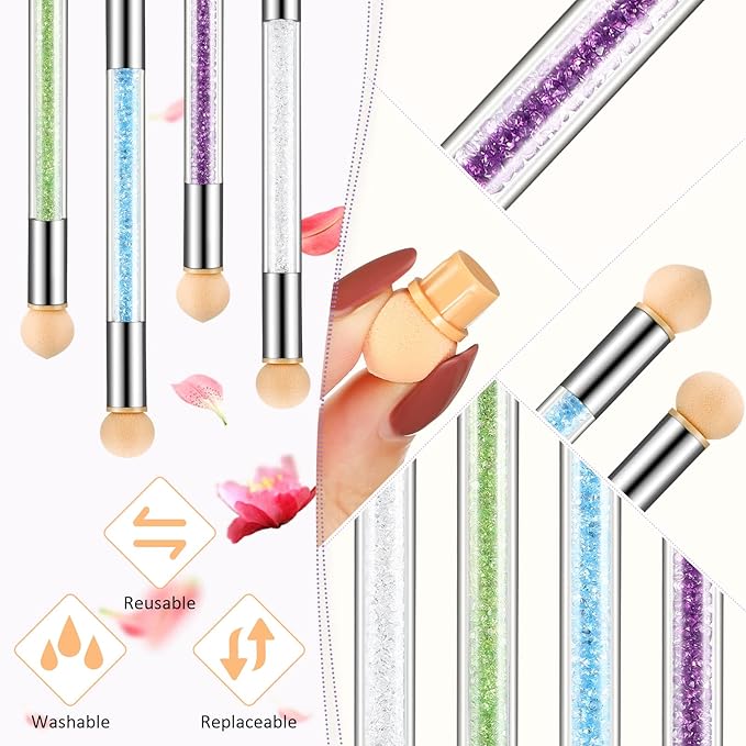Maitys 4 Pcs UV Gel Gradient Sponges Pens with 16 Pcs Replacement Head Nail Sponges for Ombre Double Head Brush for Nail Art Manicure DIY Tools(White, Green, Purple, Blue)