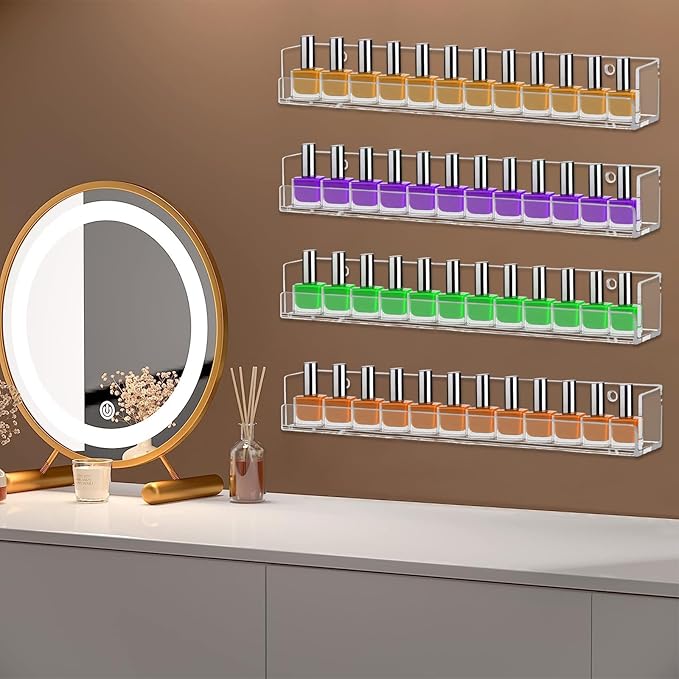 4 Pack Nail Polish Rack Wall Mounted Shelf, Clear Acrylic Nail Polish Organizer Display,Clear Nail Polish Wall Rack Nail Supplies for Nail Techs