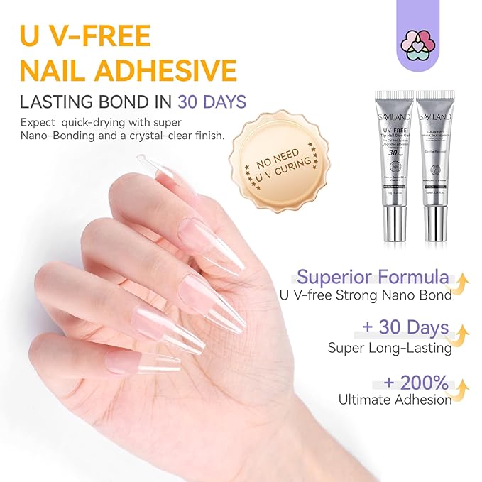 SAVILAND 10g Semi Solid Nail Glue Gel with 10ml Quick Remover for Press On Nails Tips No U V Lamp Needed 30-Day Long-Lasting Fast Removal No Curing Home Professional Nail Art Tools SSProTip X