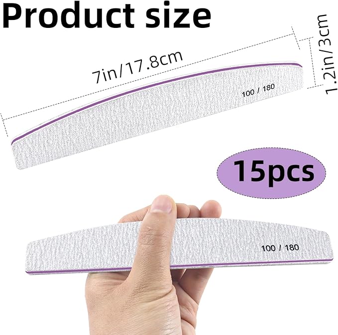 15Pcs Professional Nail Files, 100/180 Grit Double-Sided Buffer, Reusable Emery Boards for Natural/Acrylic Nails, Salon & Home Use (Grey)