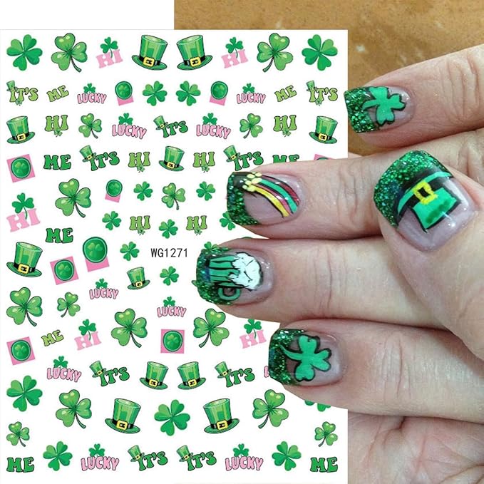 10 Sheets St. Patrick's Day Nail Art Stickers Green Shamrock Nail Stickers 3D Self-Adhesive Spring Nail Decals Four-Leaf Clover Rainbow Gnome Hat Designs Lucky of Irish Nail Decorations for Women DIY