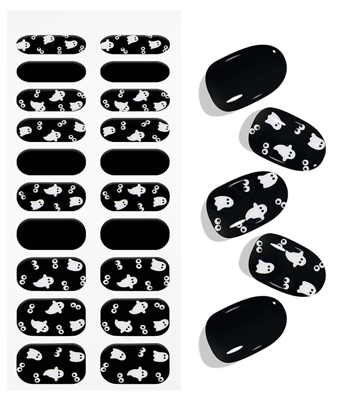 JMEOWIO Gel Nail Stickers Halloween Cute Ghost Semi Cured Gel Nail Strips Wraps UV/LED Nails Art Design Decoration Accessories