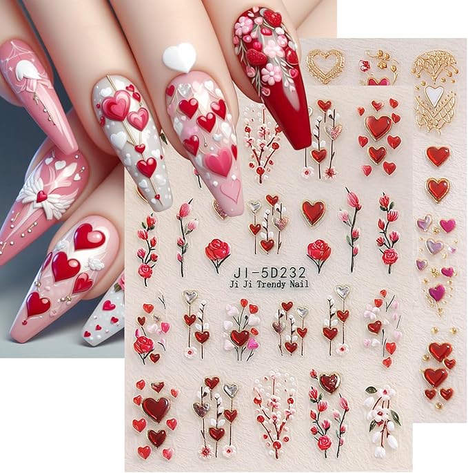 Valentines Day Nail Art Sticker for Nail Art 5D Embossed Love Heart Nail Stickers Gold Red Heart with Flower Rose Romantic Holiday Nail Art Supplies Cute Nail Decals for Women Manicure Accessories