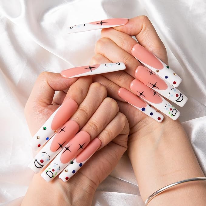 LOVFUL Press on Nails Clown | Handmade with Full Covered Crystals | Reusable Fake Nails | Square | H139-M, pink