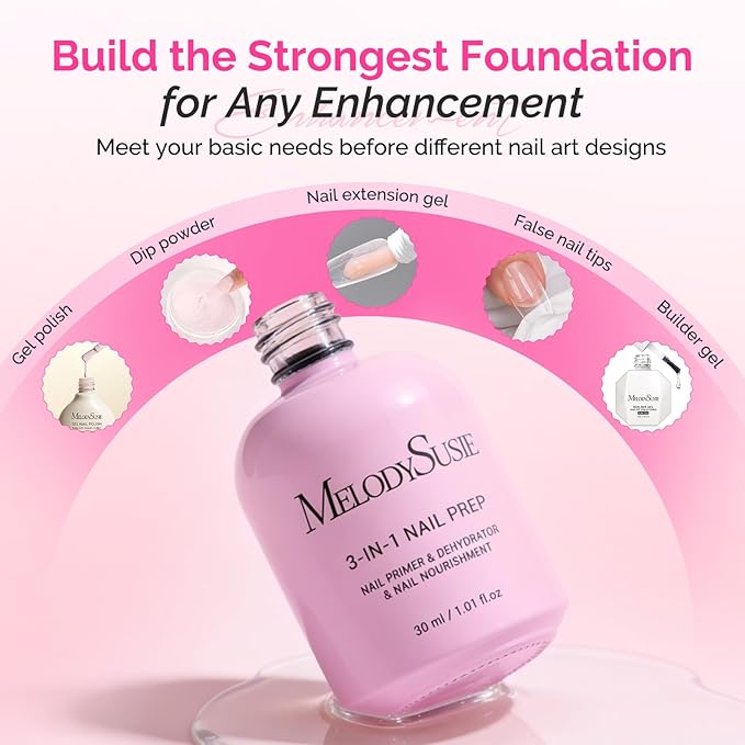 MelodySusie 30ML Nail Dehydrator and Primer, 3-in-1 HEMA-Free Acid-free Nourishing Nail Prep for Nail Thickening Solutions Acrylic & Gel Nails