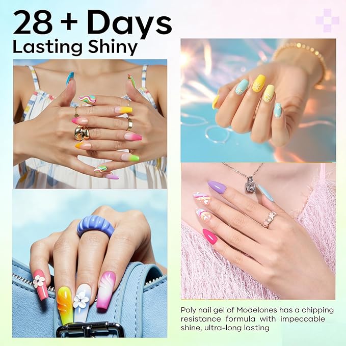 modelones Poly Gel Kit 12 Colors Rainbow Summer Bright Neon Poly Nail Extension Set Candy Red Yellow Builder Nail Gel Art Design Salon Professional Technician Tool Beauty Gifts for Women
