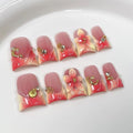 Luxury Press on Nails Medium Square Handmade Duck Fake Nails 3D Flower Pink Ombre French Tips False Nails Press ons with Charms Designs Sparkly Full Cover Acrylic Stick on Nail for Women 10(Size M)