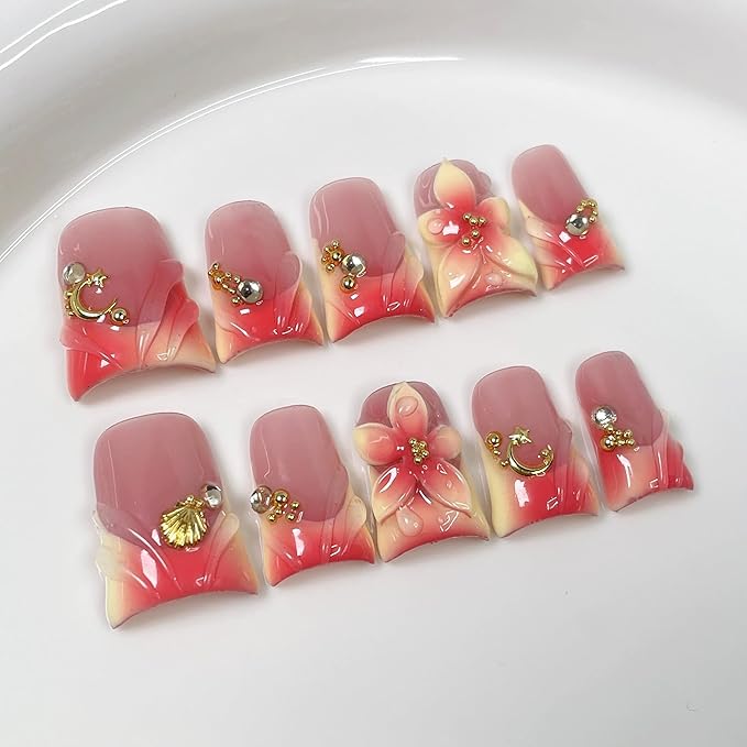 Luxury Press on Nails Medium Square Handmade Duck Fake Nails 3D Flower Pink Ombre French Tips False Nails Press ons with Charms Designs Sparkly Full Cover Acrylic Stick on Nail for Women 10(Size M)