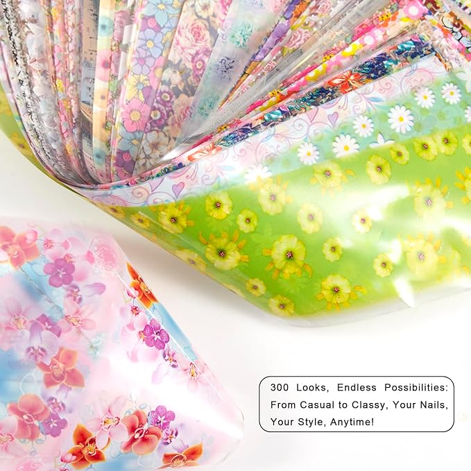 WOKOTO 300 Sheets Nail Transfer Foil Art Kit, Flower Lace Rose Nail Foils Transfer Nail Art Stickers For Nails, Gel Nail Transfer Stickers Decals Wraps Nail Polish Foil Transfer Sheets Set
