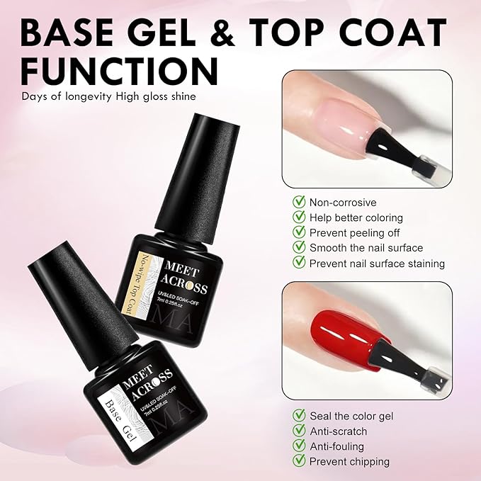 MEET ACROSS All-in-One Extension Mini Kit 2×7ml Non-Sticky Builder Gel Starter Kit WIth Base & Top Coat/Dual-Silicone Pen/Pro File/20-Pc Reusable Dual Forms Salon-Grade Extensions (Clear+Nude)