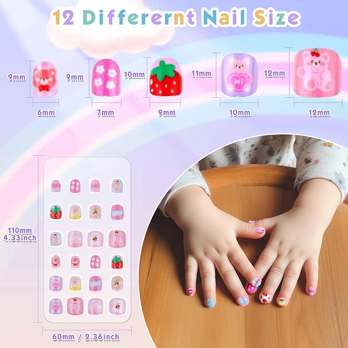 168Pcs Kids Press on Nails Set for Little Girls, Shynek Mini Fake Nails for Kids Pre Glue Stickers Nails Full Cover Small Nail Tips for Girls Gifts 8-10 (Extra Small Nail Size)