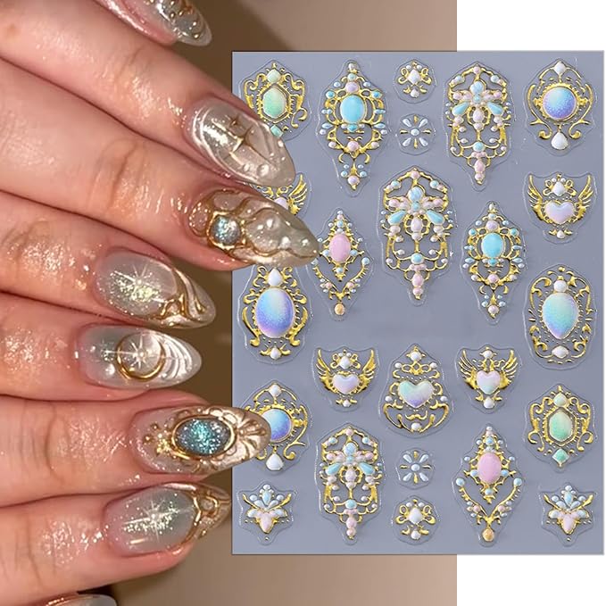 2 Sheets Luxurious Gold Nail Art Stickers Embossed Bohemian Style Nail Decals 5D Heart Flower Nail Stickers Self-Adhesive Mirror Bohemian Designs Nail Art Supplies for Women Manicure Accessories