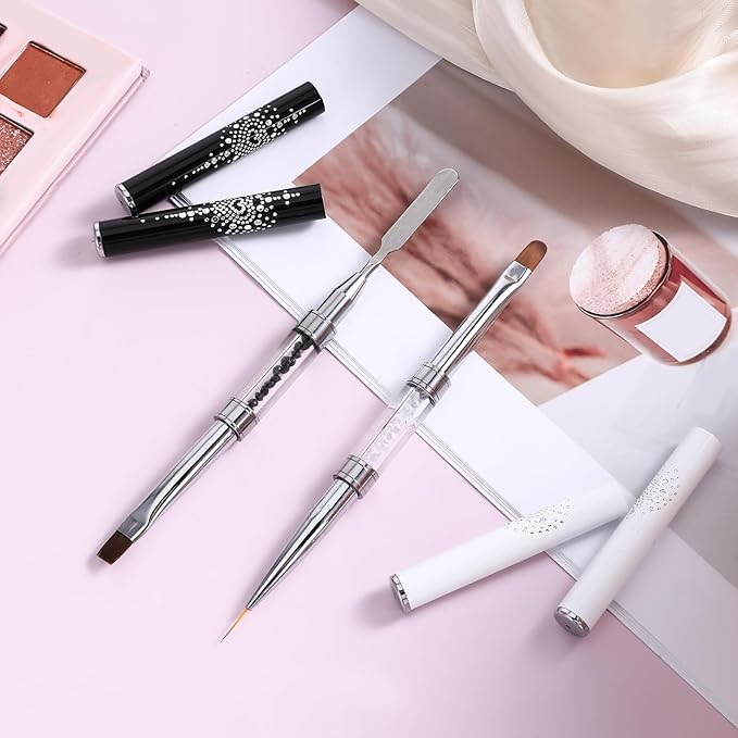 2 Pcs Double Ended Nail Builder Gel Brush, French Tip Brush Hard Gel for Nails, Brush Liner Brush Nails Hard Gel for Design Nails Professional Nail Art(Black and White)