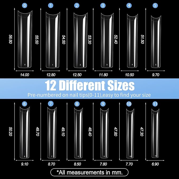 Long Square Nail Tips, 240Pcs Half Cover Soft Gel Nail Tips Pre-shaped 3XL Straight Shape Clear Acrylic False Nail Fake Nail Extension Press On for Salon Home DIY 12 Sizes
