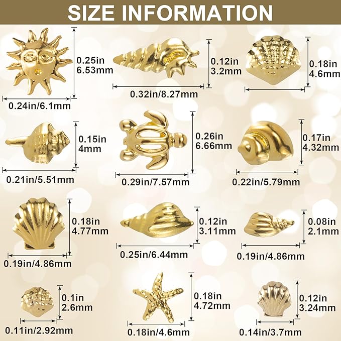 2 Disc Ocean Nail Art Charms, Beach Starfish Sea Seashell Nail Decal, Alloy 3D Gems Jewelry Decoration Supplies for Manicure DIY Embellishments 12 Style- Silver & Gold