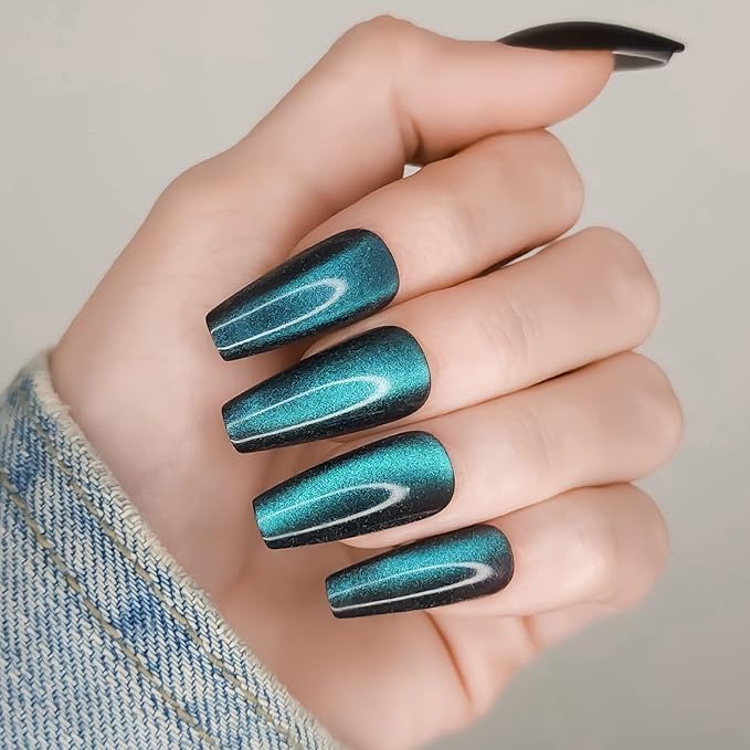 Hypnaughty 24 Pcs Ocean Cat Eye Effect Blue Glossy And Sparkly Coffin Long Press On Nails With Nail Kit And Glue (Ocean Cat Eye)