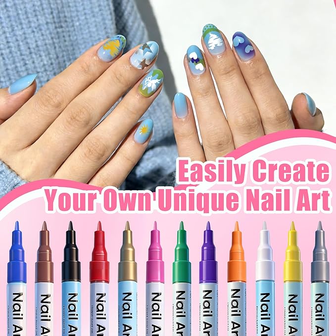 Nail Art Stencils Pens Set, 12 Nail Art Pens Markers + 14 Sheets Nail Stencils Heart Lips Flowers Nail Stickers for Women Girl, Nail Polish Pens for Nail Art Dotting Pen, DIY Nails Art Design Tools