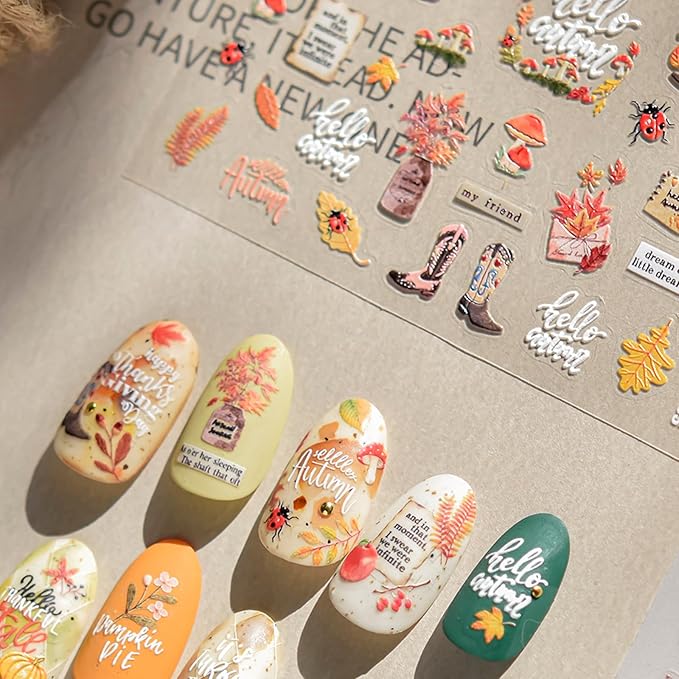 Maple Nail Stickers Leaf Mushroom Nail Decals 3D Self-Adhesive Boots Envelope Nail Designs 5D Embossed Plants Animals Insects Nails Supplies for Women Holiday DIY Manicure 1 Sheet