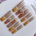 Extra Long Press on Nails Handmade Square Press-on Nails Yellow Fake Nails with Flower Design Press Ons 10pcs M Size Pattern 1101
