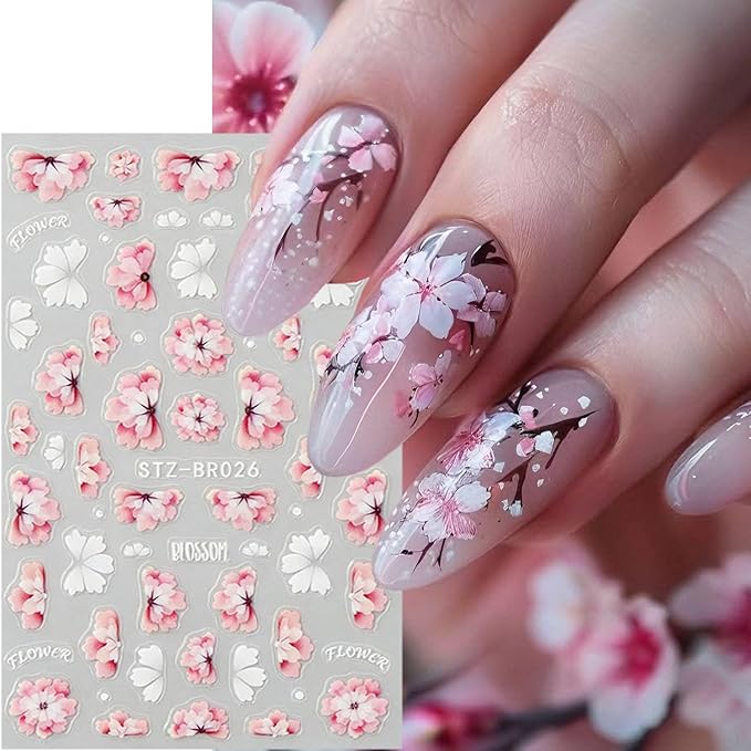 3 Sheets Spring Flower Nail Stickers White Pink Peach Blossoms Nail Art Stickers Colorful Embossed Daisy Nail Decals 3D Self-Adhesive Cute Flowers Nail Art Decals for Women Nail Designs