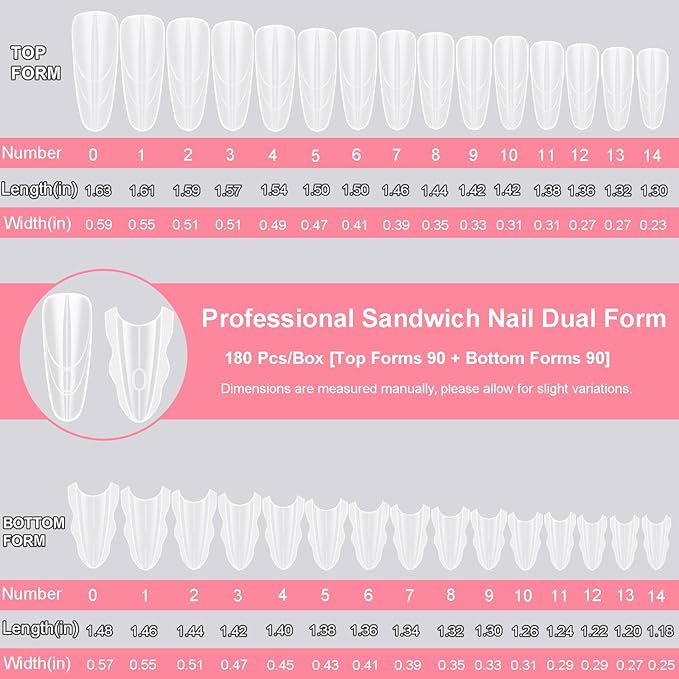 Sandwich Nails Dual Forms 180Pcs Oval Shape, Dual Nail Extension Forms with 15 Sizes, Reusable Plastic Nail Mold for Builder Gel & Poly Gel, No Paper Forms Needed, Salon & Home DIY Nail Art