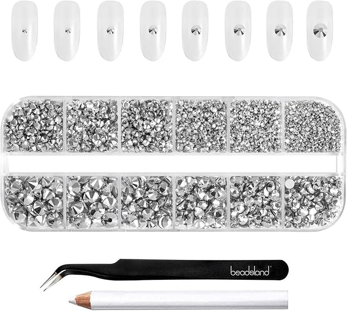 Beadsland Rhinestones for Makeup,8 Sizes 2500pcs Silver Flatback Rhinestones Eye Gems for Nails Crafts with Tweezers and Wax Pencil,Silver Hematite,SS4-SS30