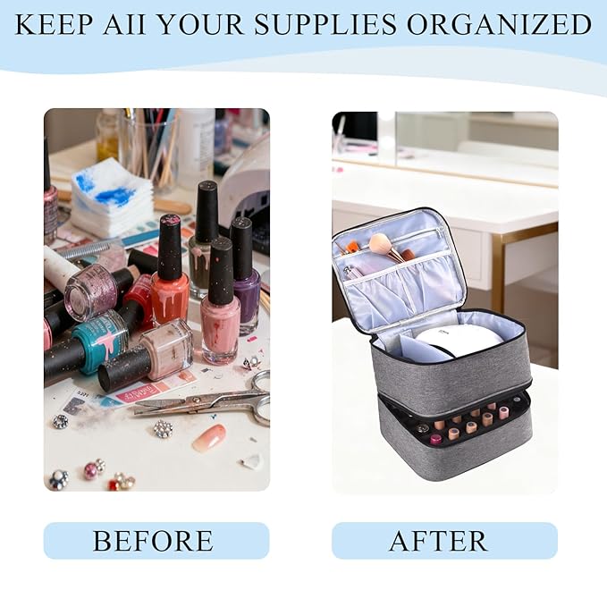 Nail Polish Organizer, Nail Polish Storage Holds 30 Bottles & Nail Lamp, Double Layer Nail Bag Organizer Case, Portable Nail Polish Holder for Nail Tech Travel & Manicure Kit