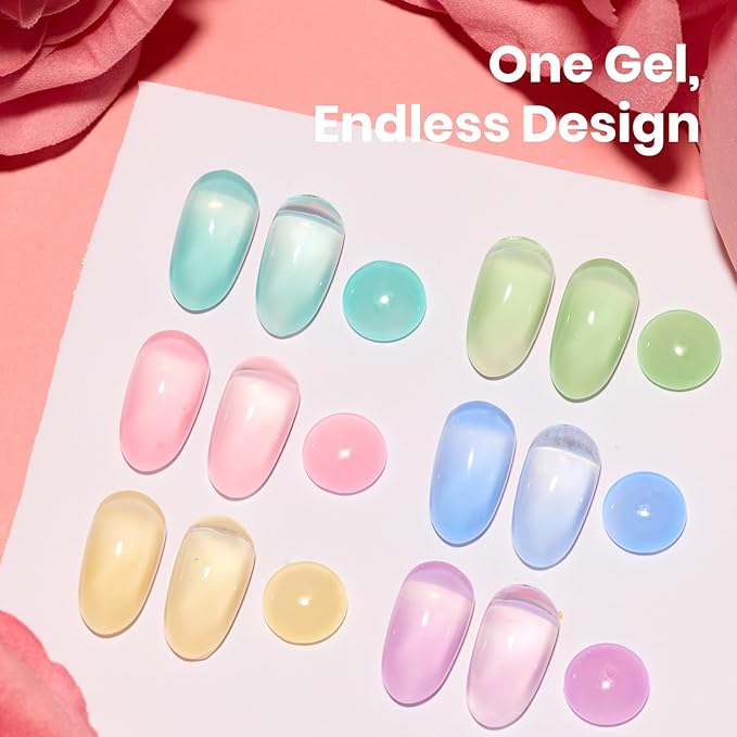 Beetles Spring Nectar Jelly Gel Nail Polish Set - 6 Colors 15ML Pastel Gel Polish Kit Pink Purple Blue Mint Green Yellow Sheer Translucent Effect Soak Off UV Nail Art Manicure Gift for Women