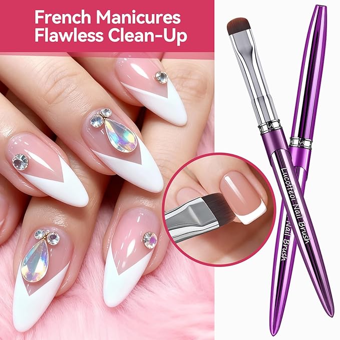 Nail Art Brushes Set 2-Piece: French Tip Brush and 12mm Liner Brush for Gel Clean Up, Smile Lines & Nail Design (Purple)