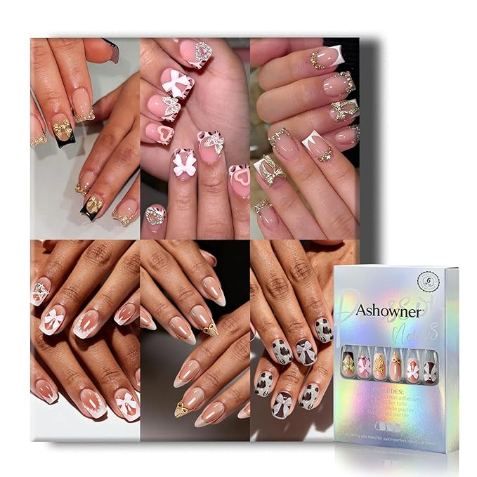 6 Packs (144 Pcs) | Reusable Press on Nails | Stick on Nails 12 Sizes-6 Styles | 3D Bow