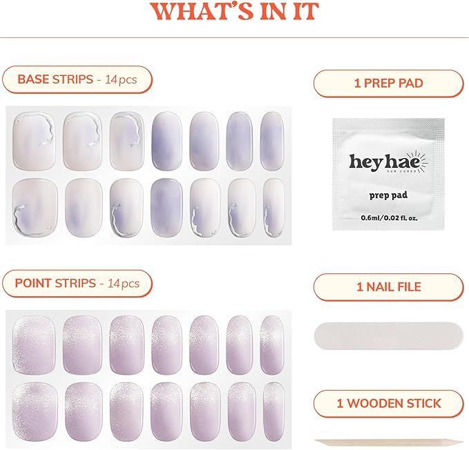 Heyhae Semi Cured Gel Nail Strips | No LED Lamp Needed | Glitter, Purple, Spring | Easy Apply & Remove, Salon Quality |Includes 28 Strips, 1 Prep Pads, Nail File & Wooden stick - Hey, 7 A.M. Tomorrow?