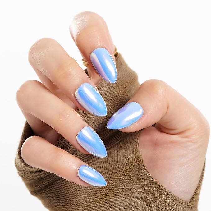 GLAMERMAID Light Blue Mirror Chrome Press On Nails Short Almond, Golden Donut Glazed Handmade Soft Jelly Gel Fake Nails, Round Oval Stick Glue on Nails Kit for Women, Reusable Acrylic False Nail Set