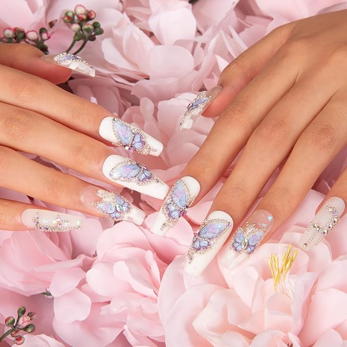 LOVFUL Press on Nails Holly Blue | Handmade with Full Covered Crystals | Reusable Fake Nails | Coffin Classic Regular 1.3 in | H23-L