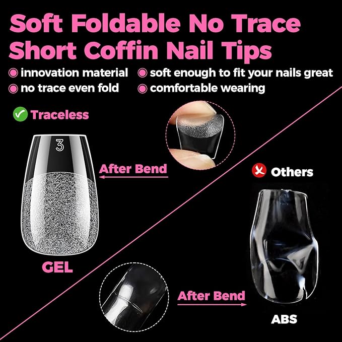 UNA GELLA Gel Nail Tips Coffin Short 15 Sizes Short Coffin Press On Nails Pre-Etched 300pcs Soft Gel Nail Tips Full Cover For Nails Extension Home DIY Salon