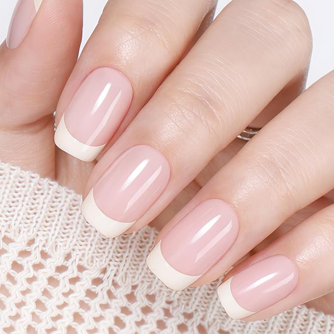 UNA GELLA 32Pcs Soft Gel Press on Nails - 16 Sizes French Tip Short Square Glue on Nails, Reusable Nude Beige False Nails, Full Cover Acrylic Nail Kit for Women DIY Home Manicure