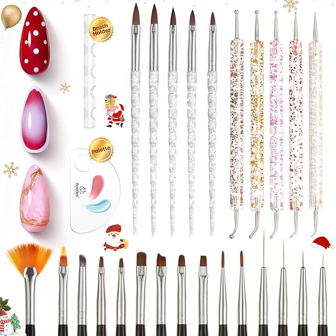 Beetles Nail Art Brushes 25pcs - Confetti Nail Art Pens Daul Ended Dotting Tools Striping Liner Brushes for Nails Flower Sculpting Tools with Palette Brush Holder DIY Home Salon Manicure Design Set