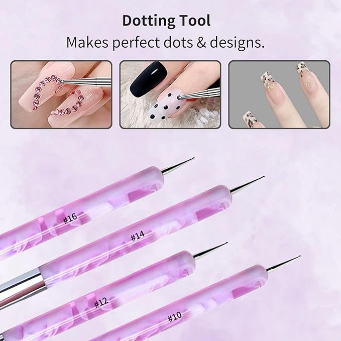 4Pcs French Tip Brush, Double-Ended French Brushes for Nails with Dotting Tool, Clean Up Brush for Gel Nail Polish, Size 10/12/14/16, Acrylic Nail Art Brushes, Manicure Tools for Nail Design-Purple