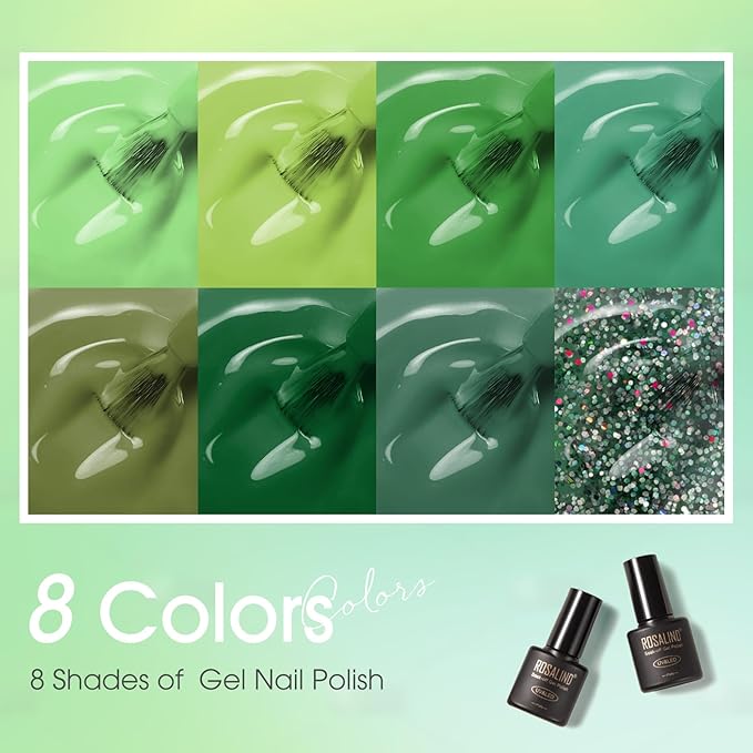 ROSALIND Green Gel Nail Polish, 8 Colors Dark Green Glitter Emerald Olive Forest Shades Gel Polish Soak Off UV MINI from Light to Deep Spring Summer Nail Polish Set for Home Salon Manicure