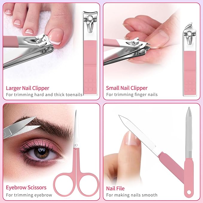 Manicure Set 10 in 1 Stainless Steel Nail Clippers Scissors Tweezers Grooming Kit with Travel Case (Pure Pink)