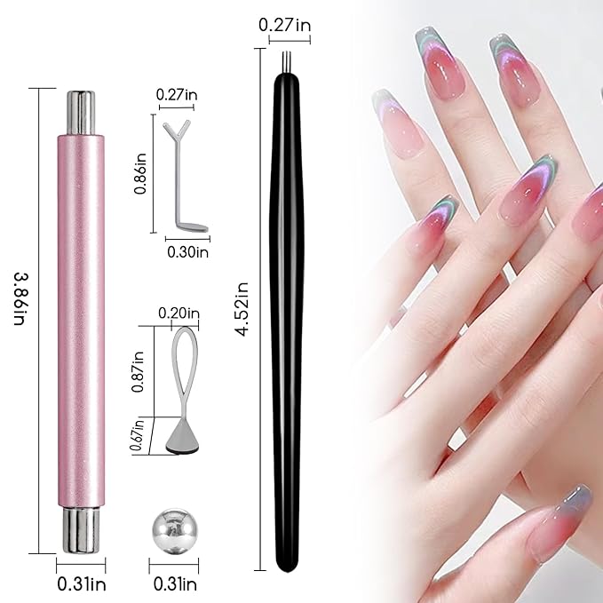 WOKOTO 6 PCS Cat Eye Magnet Set For Nails With 4 PCS Y&O-Shape Iron Stencils Set, Cylinder Nail Art Magnet Pre-Designed Magnets Pen for Heart Ring Cat Eye Patterns, Beginner-Friendly Quick Application